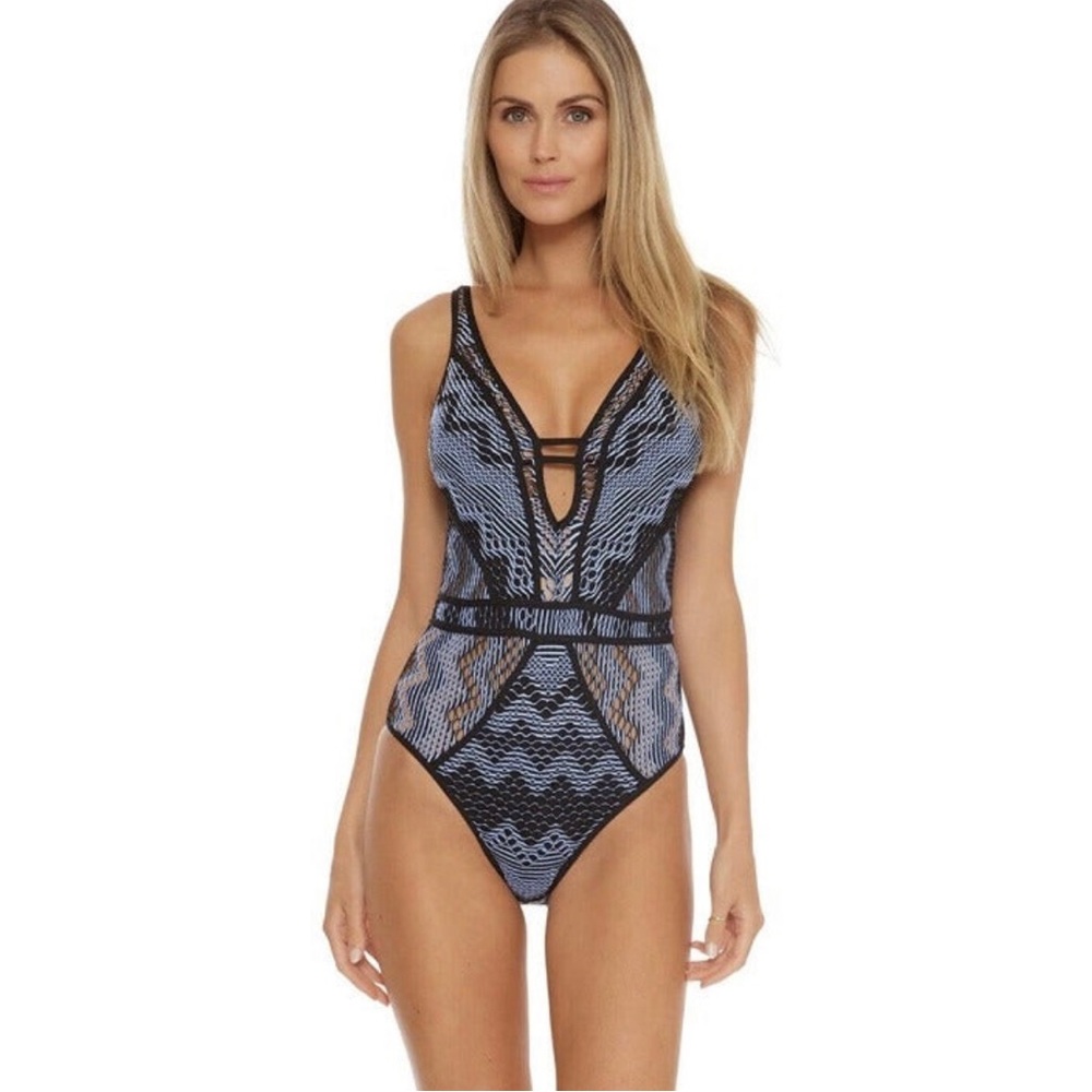 Becca by Rebecca Virtue Show & Tell Plunge One Piece Swimsuit Black/Sky,Small.